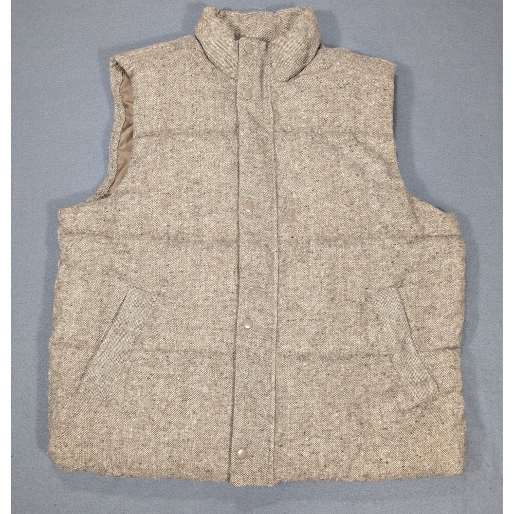 Old Navy Puffer Vest Mens L Brown Tweed Wool Blend Quilted Full Zip Snap Button
